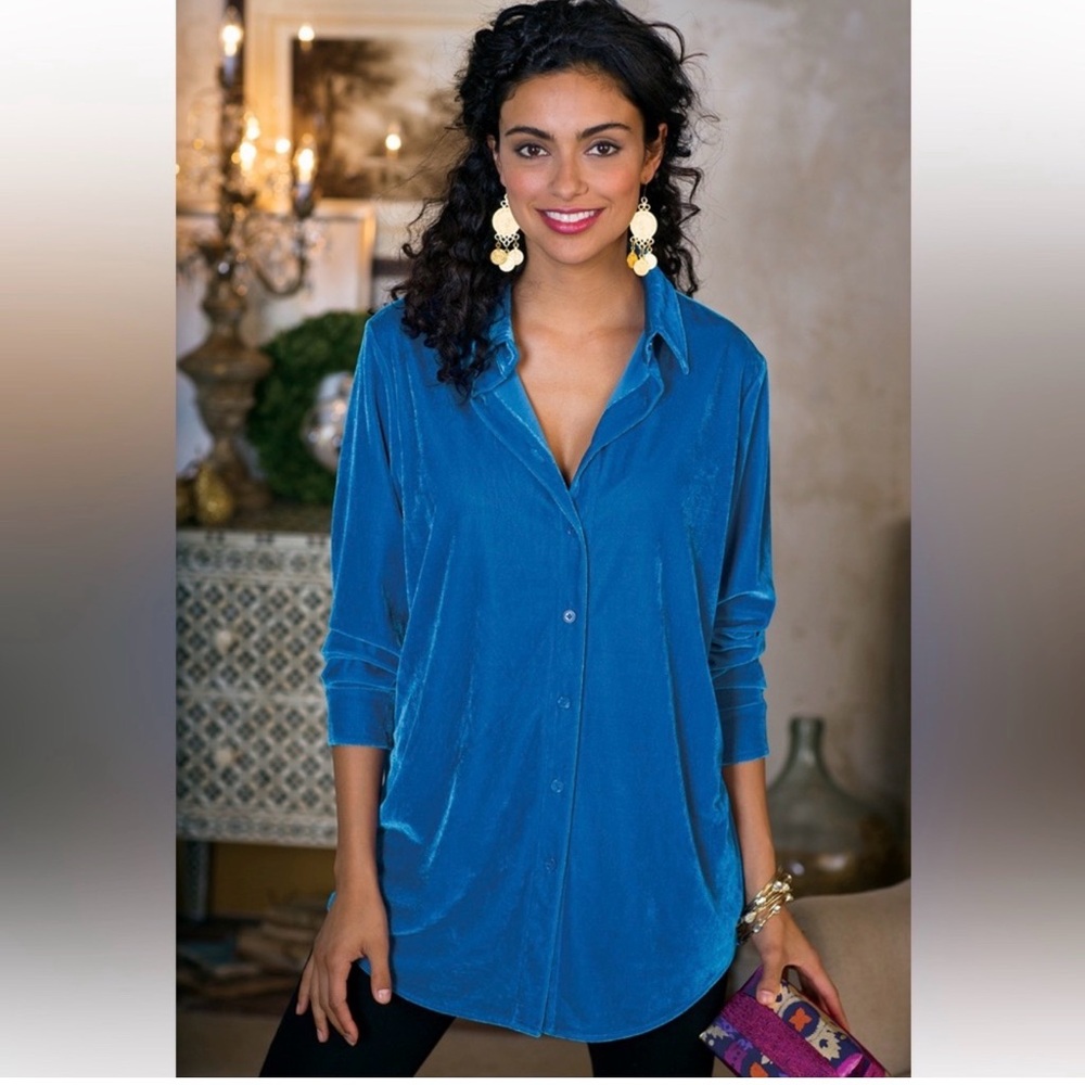 Soft Surroundings Cobalt Blue Velvet Top Boyfriend Tunic Button Up Shirt Size L